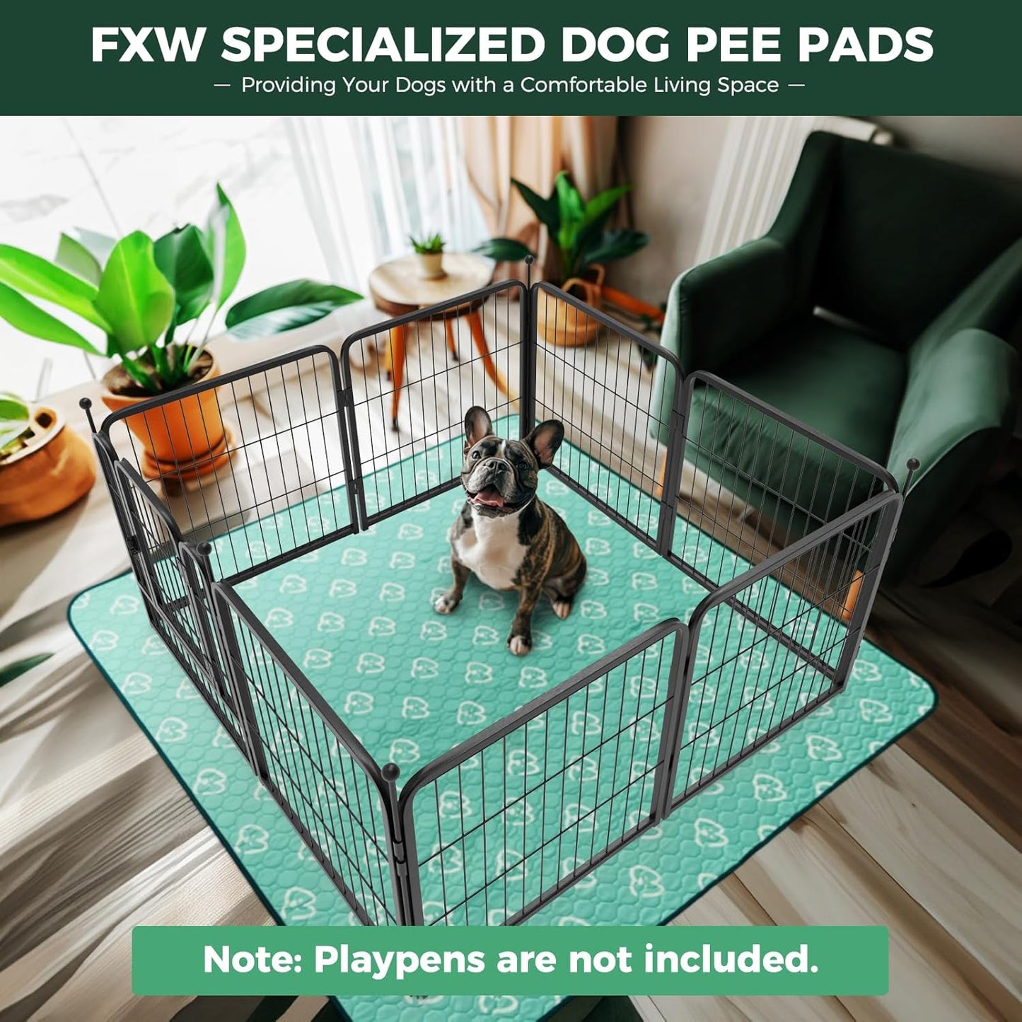 FXW Washable Pee Pads for Dogs, Puppy Pads with Super Absorbent, Specifically Designed for FXW Rollick/Homeplus 24inch 8 Panels Dog Playpen, 63" Square, Green, 1 Pack - Pet Explorer