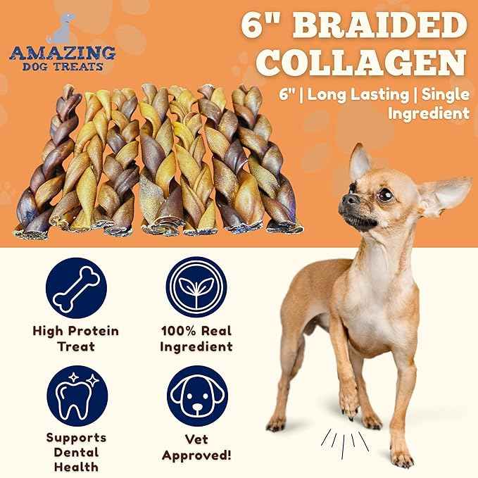Amazing Dog Treats - 6 Inch Braided Collagen Sticks for Dogs - (10 Count) - Collagen Bully Sticks for Dogs