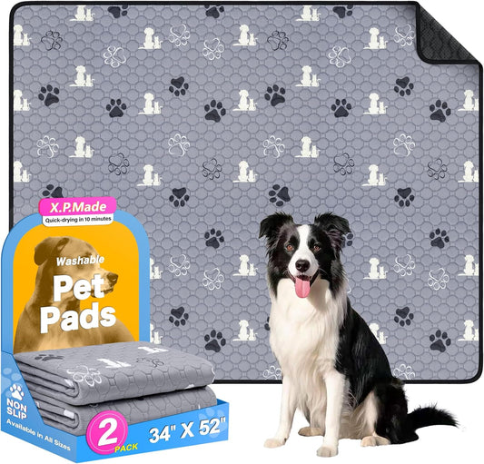 Washable Pee Pads for Dogs, 2 Pack Reusable Puppy Pads, Waterproof Pet Pee Pads for Dog Potty Training, Extra Large Dog Pee Pads for Crate, Playpen, and Whelping, Durable and Absorbent, Grey 34"x52" - Pet Explorer