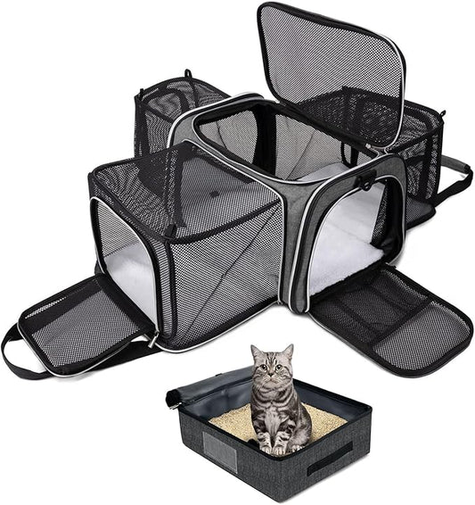 BAGLHER Expandable Cat Carrier with Travel Litter Box, Pet Travel 5 Sides Open Doors 3 Sides, Leak-Proof and Collapsible, for Car, Airplane Trip, Grey