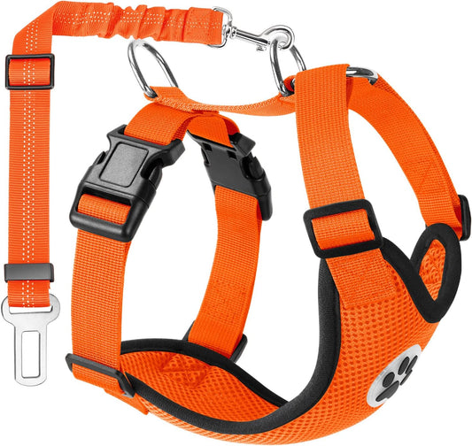 Lukovee Dog Seat Belt - Adjustable Dog Car Harness for Large, Medium & Small Dogs, Soft Padded & Breathable Mesh Dog Seatbelt with Vehicle Connector Strap (Orange, XX-Small) - Pet Explorer