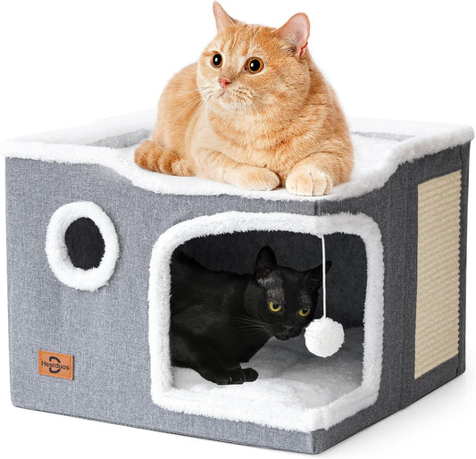 Cat Bed for Indoor Cats,Covered Cat Cave House & Furniture with Scratch Pad,Foldable Cat Hideaway Hut Cute Cat Condo with Soft Washable Mat for Multi Small Pet Under 30 lbs,Dark Grey - Pet Explorer