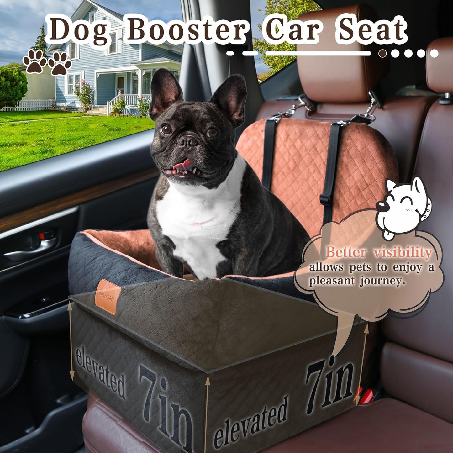 Dog Booster Car Seat for Small/Medium Dogs up to 30 lbs,Interior 7 Inches Elevated Pet Booster Seat,Ultra Soft Fabric and Memory Foam Car Dog Bed,Safety,Comfy,Fully Detachable Washable(H-Black/Brown) - Pet Explorer