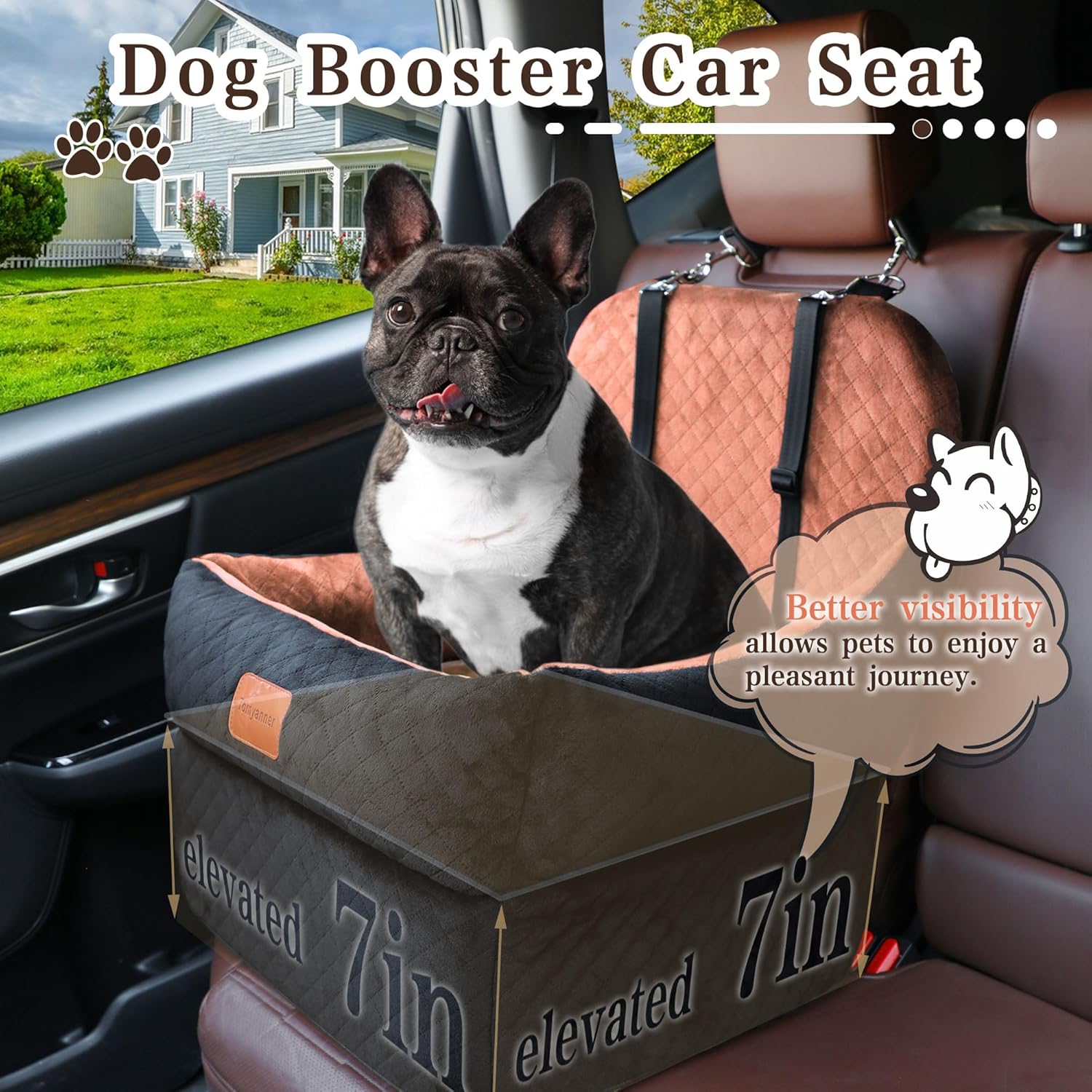 Dog Booster Car Seat for Small/Medium Dogs up to 30 lbs,Interior 7 Inches Elevated Pet Booster Seat,Ultra Soft Fabric and Memory Foam Car Dog Bed,Safety,Comfy,Fully Detachable Washable(H-Black/Brown) - Pet Explorer