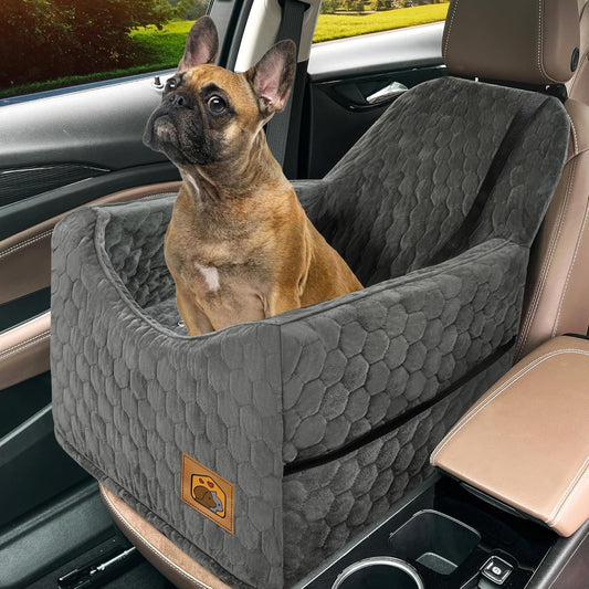 Dog Car Seat for Small/Medium Dogs, Memory Foam Dog Booster Seat, Travel Safety Per Car Seat with Washable Removable Cover, Storage Pockets for Dogs up to 35 lbs(Gray) - Pet Explorer
