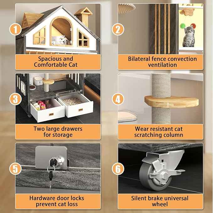 Wooden Cat House Indoor Cats Villa on Wheels, Large Space Cat Cage with Scratching Post, Multi-Feature Enclosed Cat Condo with Cat Litter Box Drawer, 63" X 35" X 24"