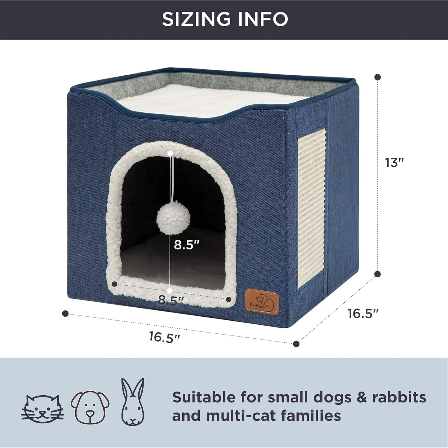 Bedsure Cat Beds for Indoor Cats - Large Cat Cave for Pet Cat House with Fluffy Ball Hanging and Scratch Pad, Foldable Cat Hideaway, 16.5x16.5x13 inches, Blue - Pet Explorer