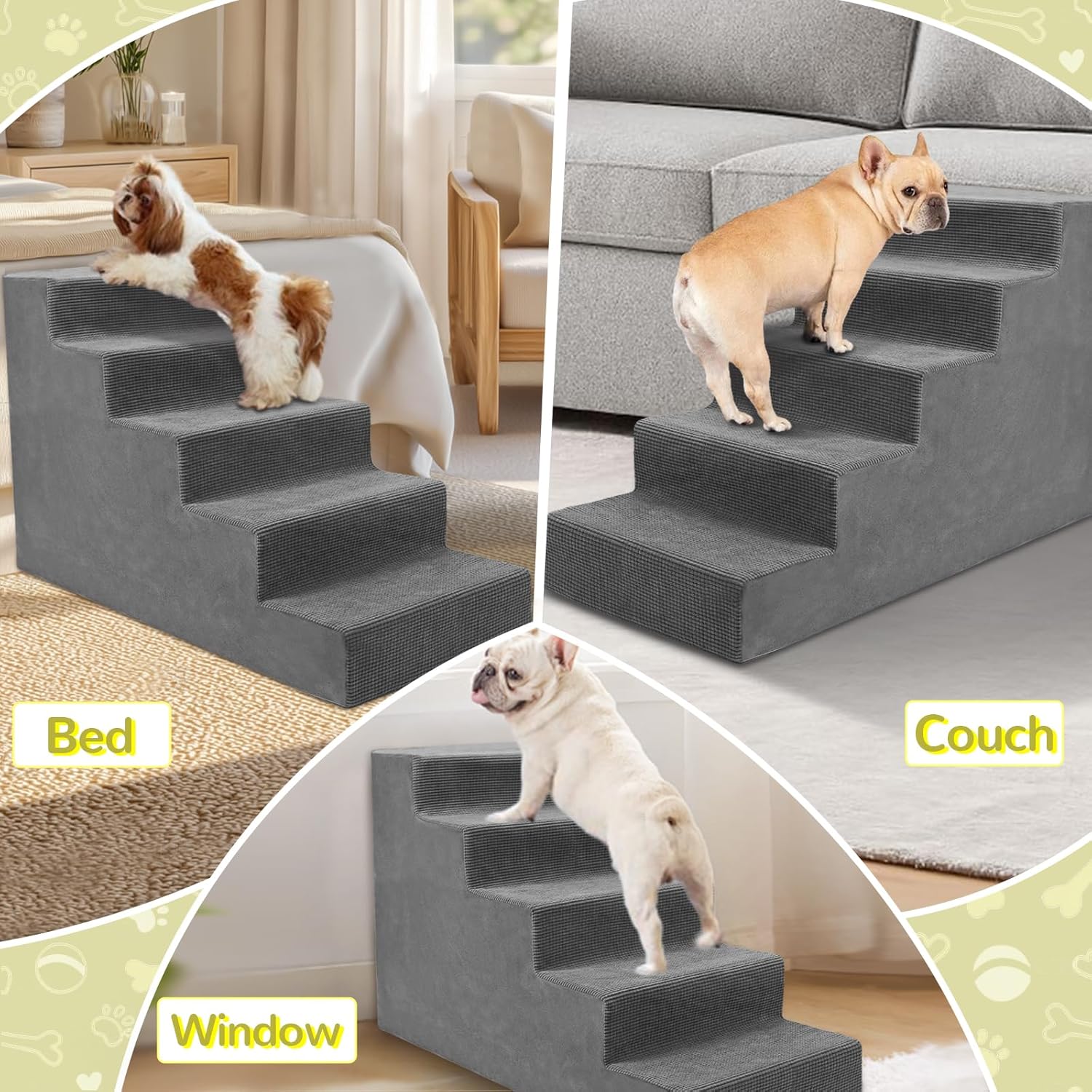 Niubya Dog Stairs for Small Dog and Cats,23”H Non-Slip Bottom Pet Steps for High Beds and Couch,High-Density Foam Pet Stairs Grey,5 Steps - Pet Explorer