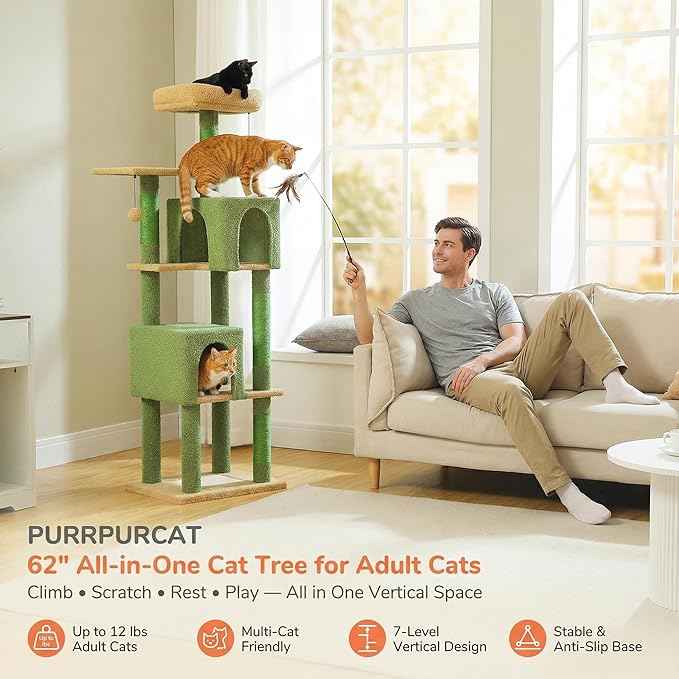 62" Cactus Cat Tree for Large Cats, Multi-Level Cat Tower with 2 Plush Condos, Soft Bed, Scratching Posts & Pad, Padded Perch & 2 Hanging Pompoms for Indoor Cats, Green