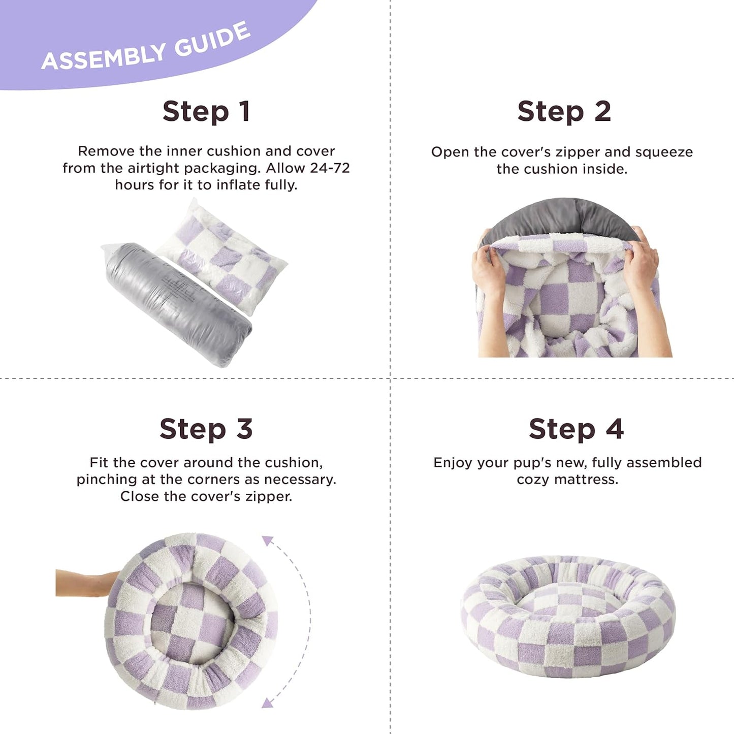 Lesure Donut Medium Dog Bed - Round Cat Beds for Indoor Cats Calming Pet Beds, Cute Modern Beds with Jacquard Shaggy Plush & Anti Slip Bottom, 30 Inch, Purple