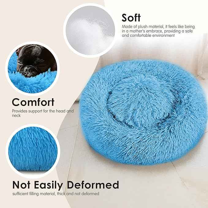 Hoewina Dog & Cat Bed, 20in Cat Beds for Indoor Cats, Calming Donut Bed for Puppy and Kitten, Washable Round Fluffy Pet Bed for Small Medium Dogs and Cats (Light Blue)