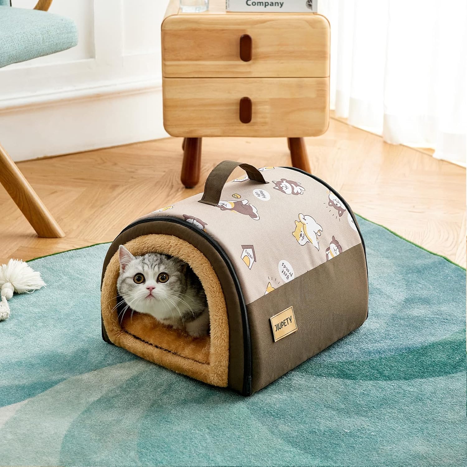 Jiupety Cozy Small Pet Dog House, 2 in 1 Puppy House, S Size for Cat and Puppy, Warm Cave Sleeping Nest for Cats and Dogs, S(15"×12"×11"), Up to 5.5 Lb, Brown - Pet Explorer