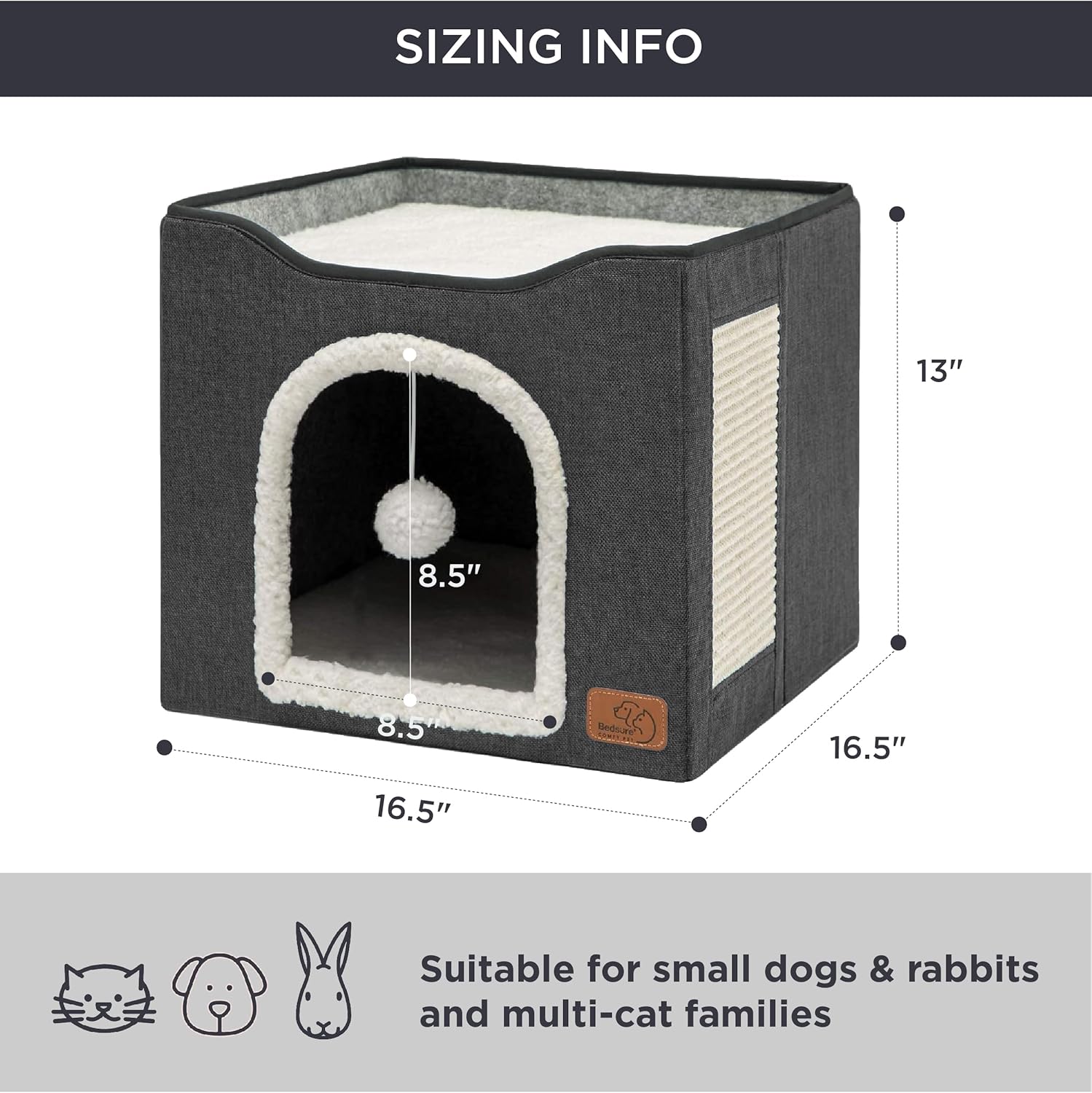 Bedsure Cat Beds for Indoor Cats - Large Cat Cave for Pet Cat House with Fluffy Ball Hanging and Scratch Pad, Foldable Cat Hideaway, 16.5x16.5x13 inches, Dark Grey - Pet Explorer