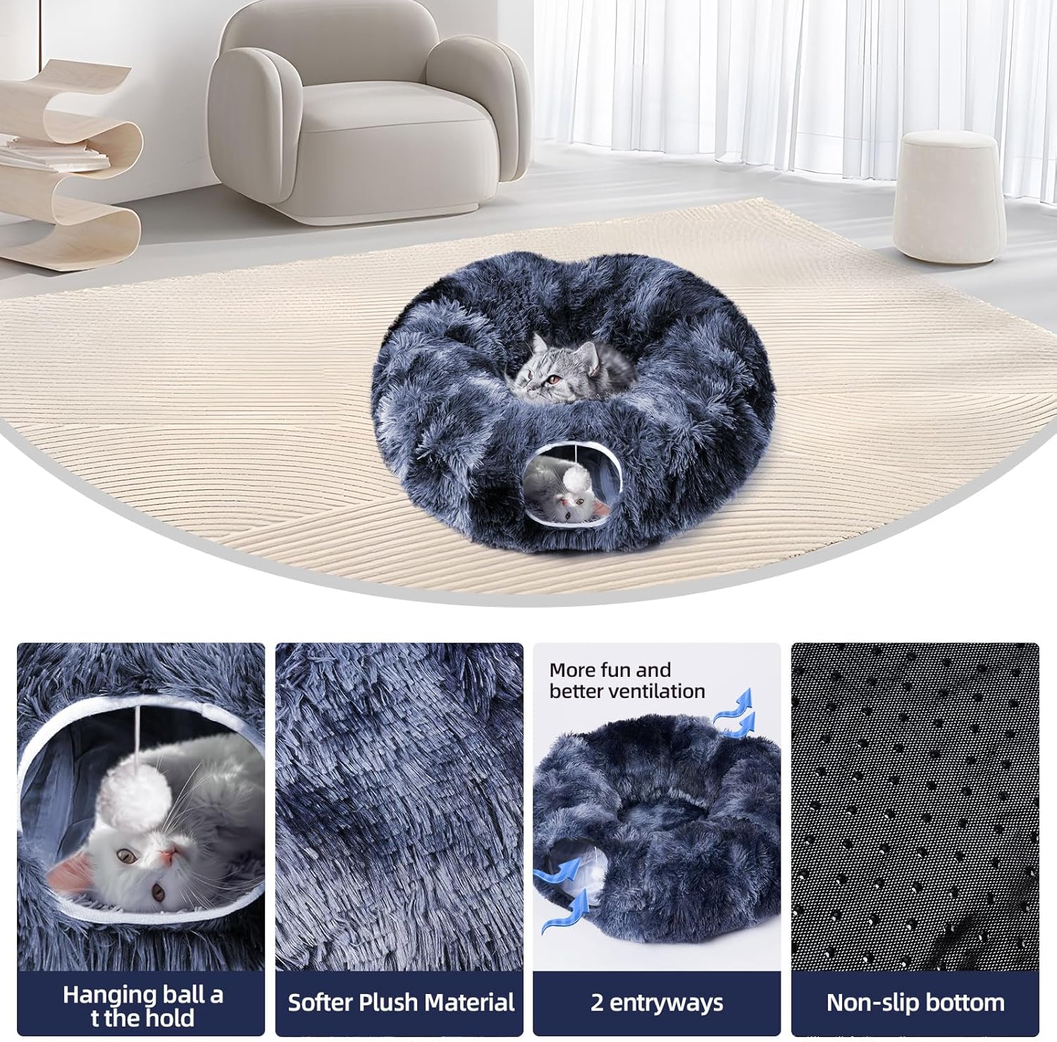 Odoland Cat Tunnels for Indoor Cats with Fluffy Plush Central Cat Couch and 20 Cat Toys, Tunnel Bed for Cats with Hanging Ball, Detachable Soft Mat and Variety Kitty Toy Set, Deep Blue - Pet Explorer
