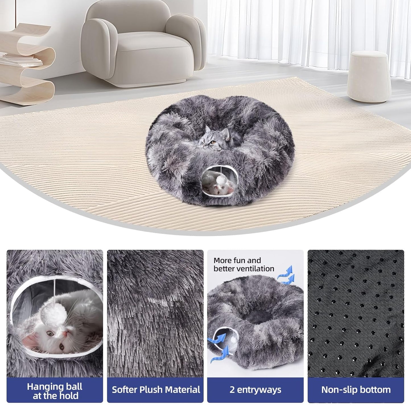 Odoland Cat Tunnels for Indoor Cats with Fluffy Plush Central Cat Couch and 20 Cat Toys, Tunnel Bed for Cats with Hanging Ball, Detachable Soft Mat and Variety Kitty Toy Set, Grey - Pet Explorer
