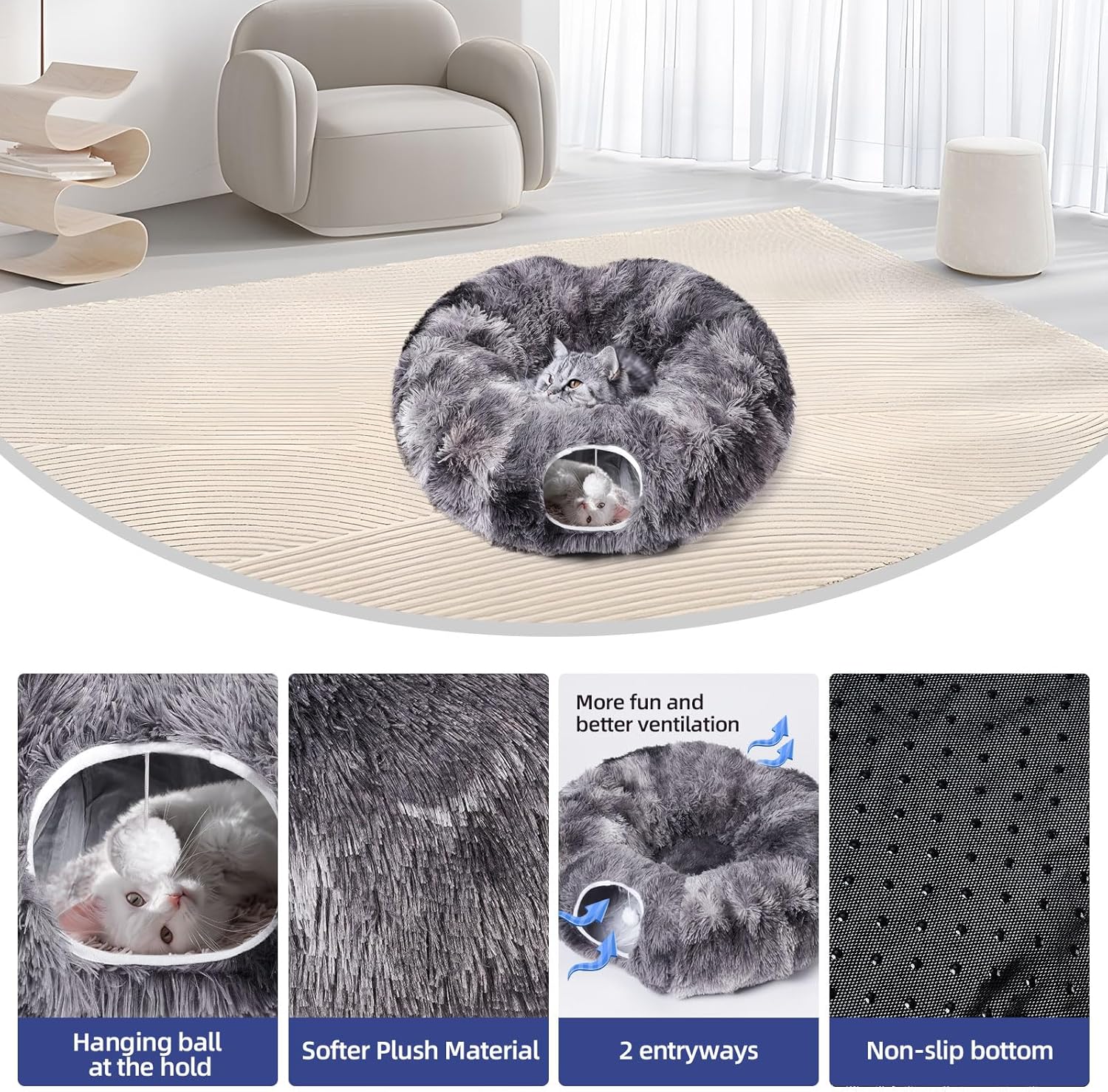 Odoland Cat Tunnels for Indoor Cats with Fluffy Plush Central Cat Couch and 20 Cat Toys, Tunnel Bed for Cats with Hanging Ball, Detachable Soft Mat and Variety Kitty Toy Set, Grey - Pet Explorer