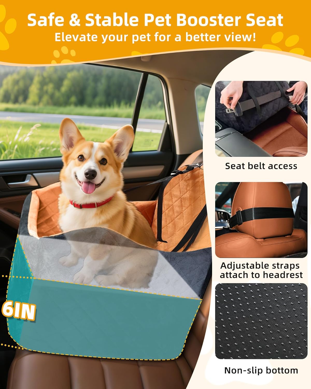 Car Seat Booster for Dog: High-Support Memory Foam Pet Car Seat for Small/Medium Dogs Under 35lbs with Elevated Cushion,Pockets - Detachable Washable Puppy Travel Bed for Driving(Black/Brown) - Pet Explorer