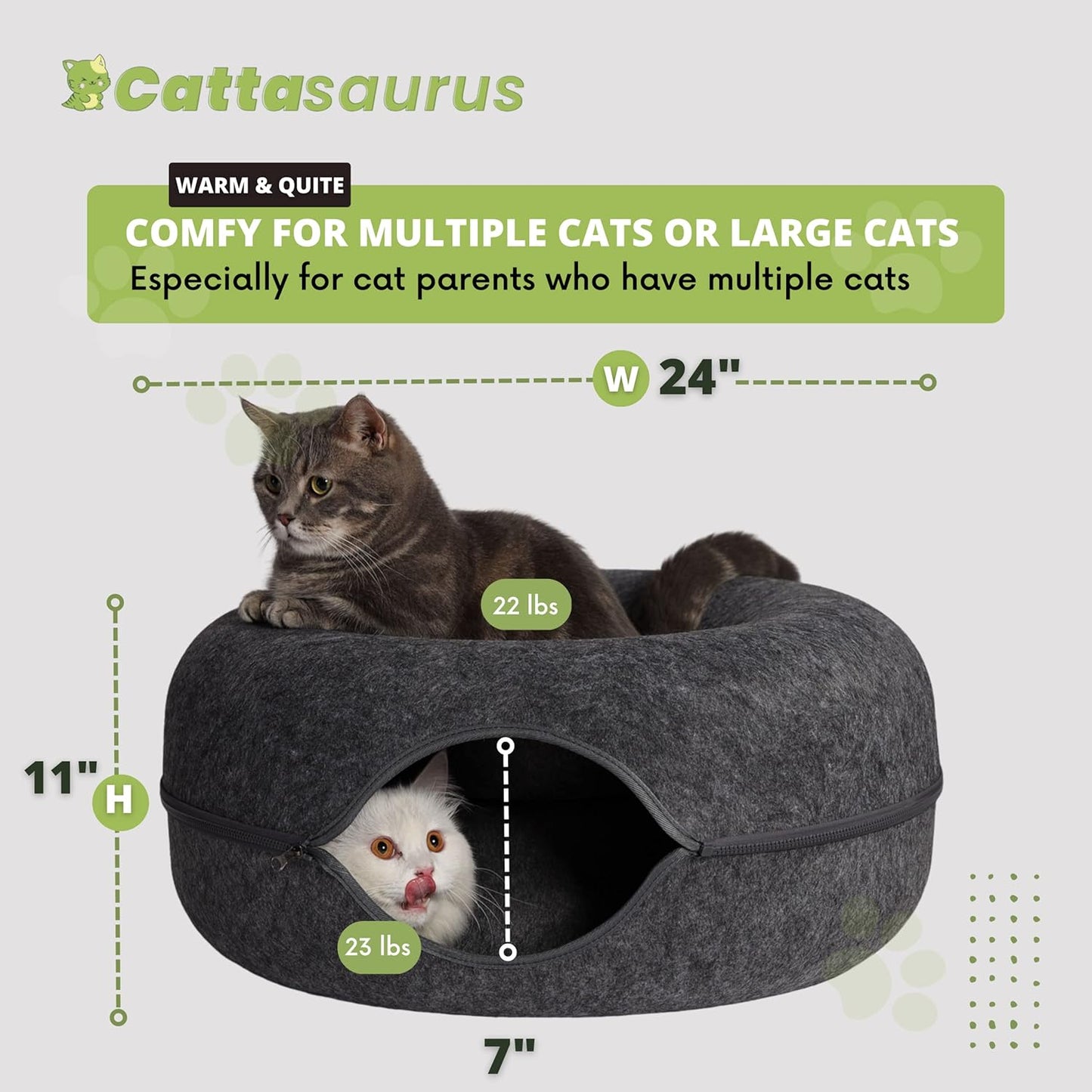 CATTASAURUS Peekaboo Cat Cave for Multiple & Large Cats Up to 30-45 Lbs, Scratch Detachable & Washable Tunnel Bed, Comfy Donut Cat Cave (Dark Gray, Large) - Pet Explorer