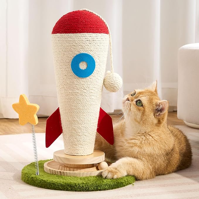 Cat Scratching Post, Rocket Cute Sisal Cat Scratcher with Durable Solid Wood Turntable Toy, Cat Scratch Post Red Cat Scratcher with Spinning Star Toy for Indoor Adult Cats