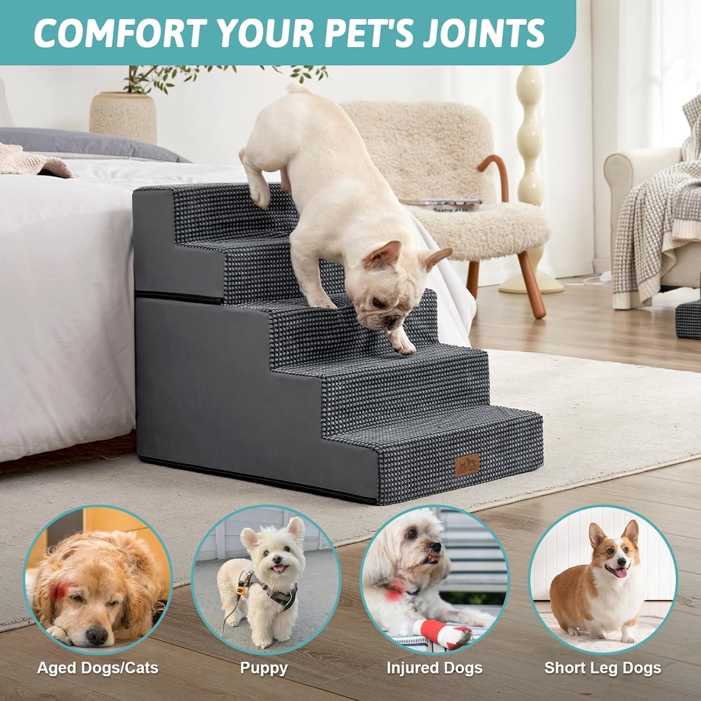 Dog Stairs for Small Dogs, 5 Tier Removable Wider Pet Stairs for Couch and Bed, 23.6" H Non-Slip Dog Steps for Puppies and Old Cats with Support Board, 29.5x19.7x23.6 inch, Dark Grey - Pet Explorer