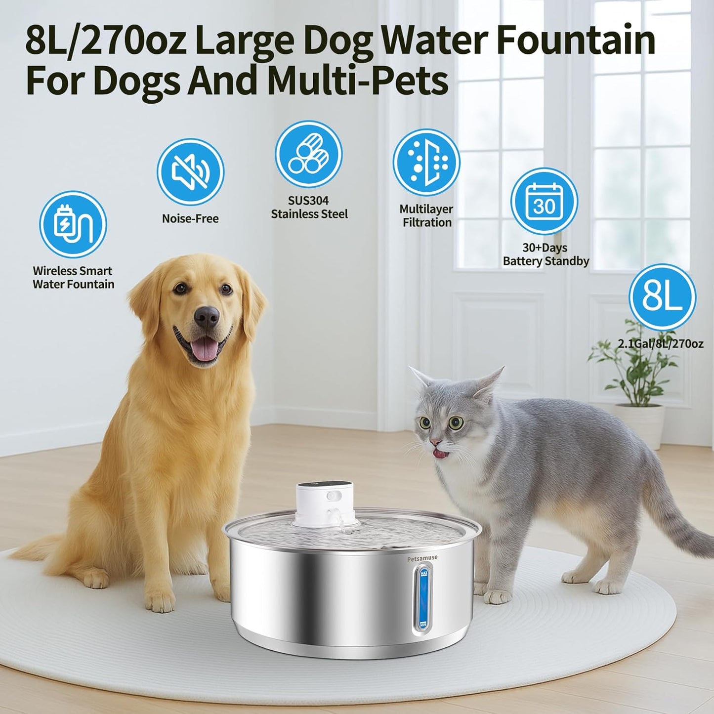 Wireless Dog Water Fountain, 2.1Gal/8L Battery Operated Stainless Steel Pet Water Fountain Motion Sensor Dog Water Bowl Fountain Large Dog Bowl Inside with 3 Filters and 2 Ultra Quiet Pumps - Pet Explorer