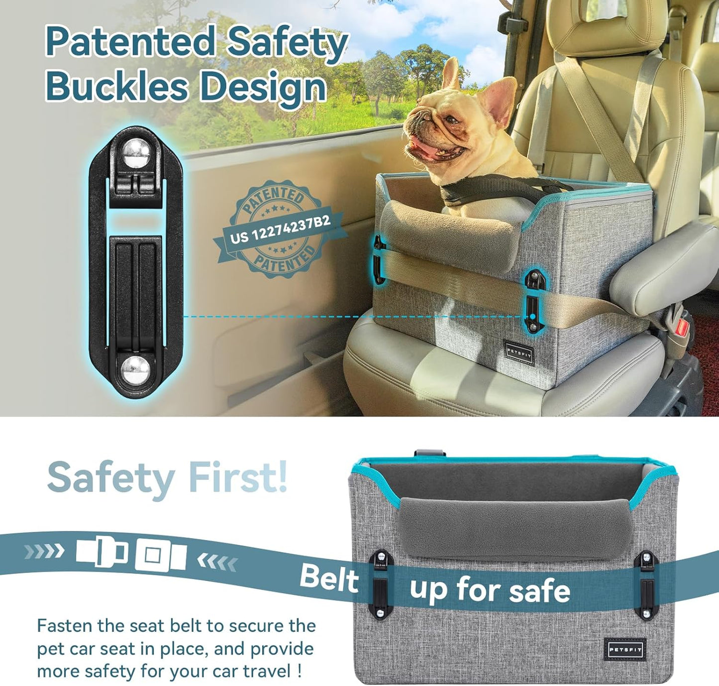 PETSFIT Dog Car Seats for Small Dogs, Patent Safety Buckles Dog Booster Car Seat, Dog Carseat with Safety Belt, Suitable for Small Pets Up to 25lbs (Grey) - Pet Explorer