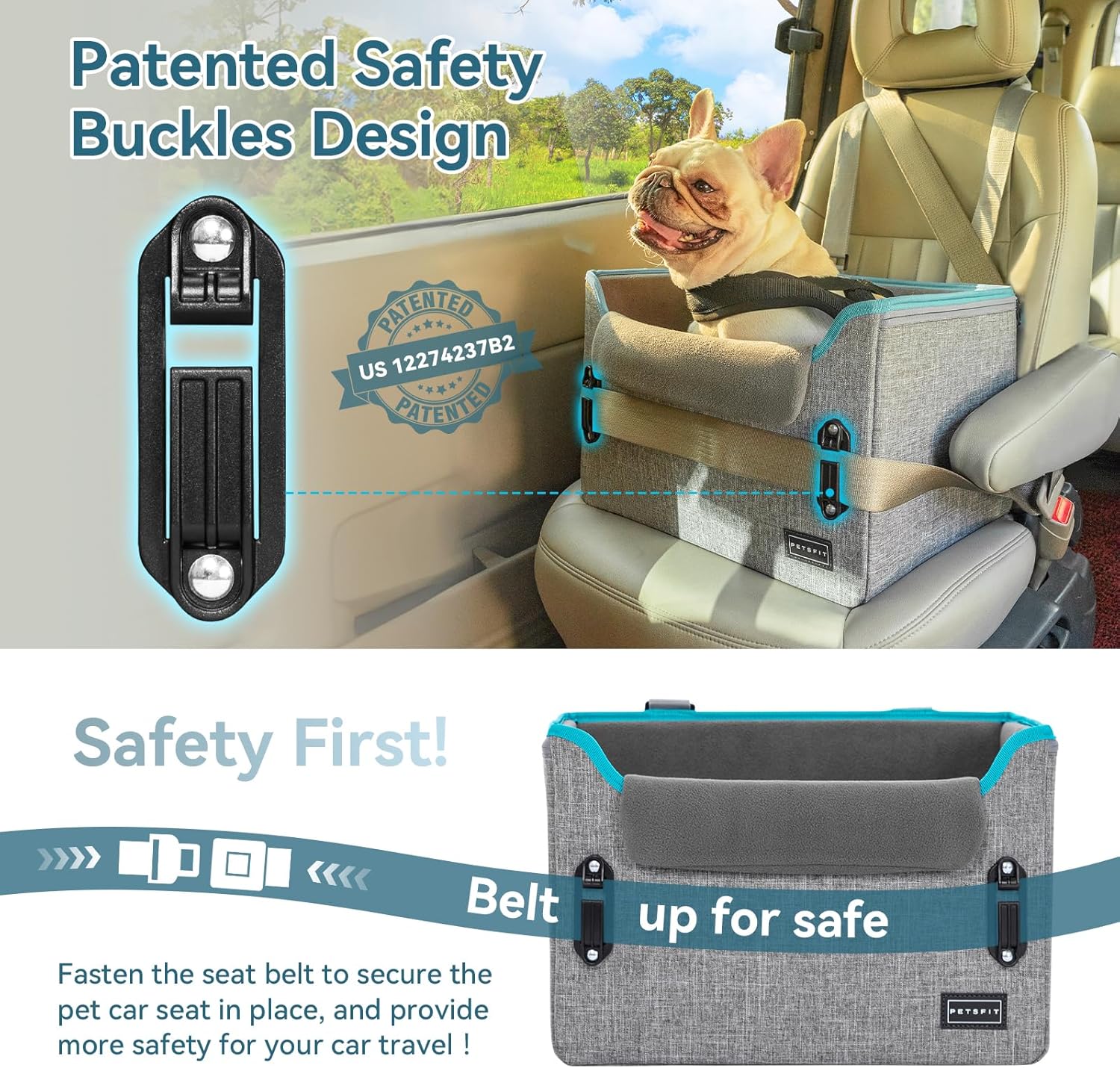 PETSFIT Dog Car Seats for Small Dogs, Patent Safety Buckles Dog Booster Car Seat, Dog Carseat with Safety Belt, Suitable for Small Pets Up to 25lbs (Grey) - Pet Explorer