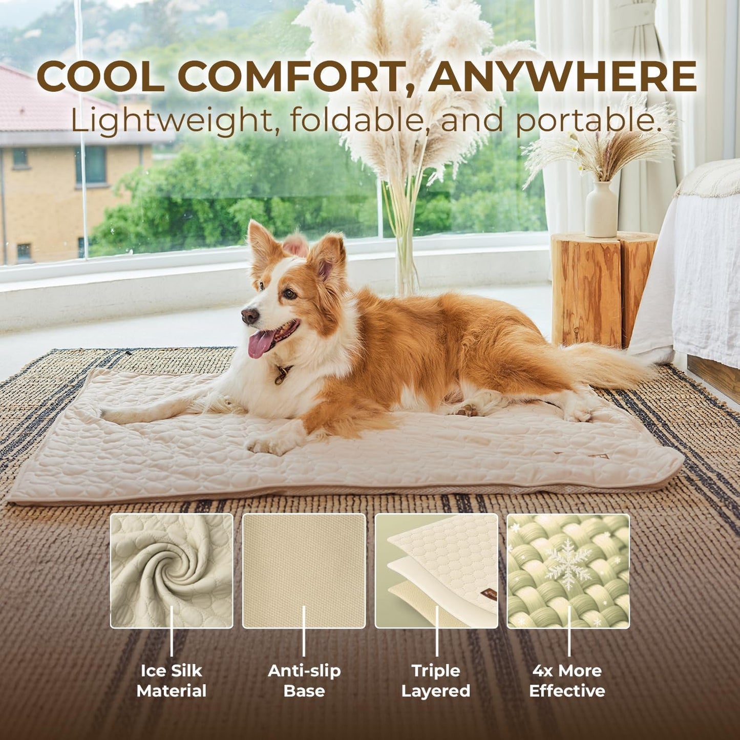 Dog Cooling Mat- Ice Silk Summer Comfort, Self Cooling, Non-Slip Dog Pad, Durable & Washable, Mat for Medium Dogs 50x65 cm, Support Shelter Dogs with Every Purchase (Beige) - Pet Explorer