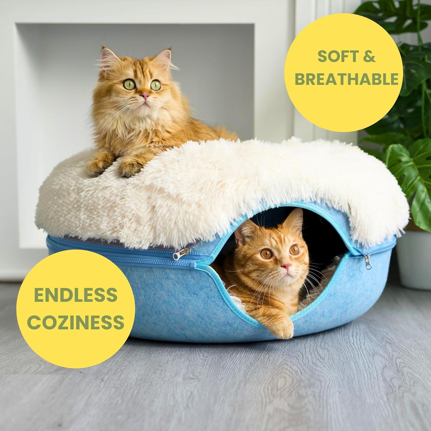 CATTASAURUS Peekaboo Cat Cave for Multiple & Large Cats Up to 30-45 Lbs, Fluffy Cat Beds for Indoor Cats, Scratch Detachable & Washable Tunnel Bed, Comfy Donut Cat Cave (Blue, Large (Calming)) - Pet Explorer