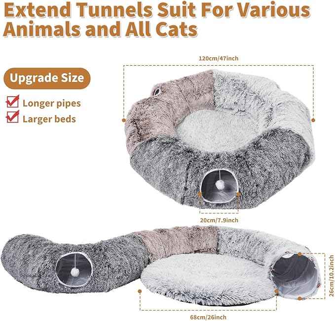 Odoland Large Cats Tunnels for Indoor Cats Fluffy Warm Cat Bed and Detachable Cave Tunnels with 20 Pet Toys, Donut Tunnel and Variety Kitten Toy Set for Chewing Playing