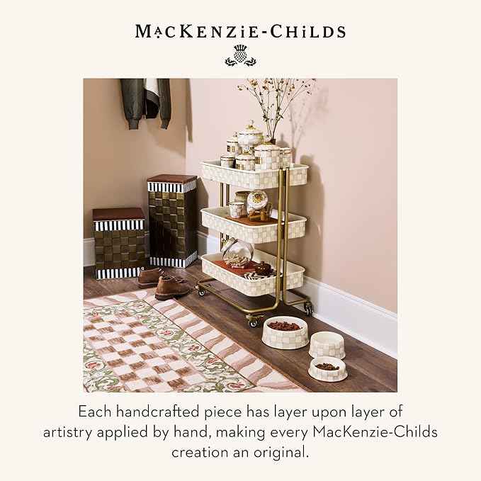 MACKENZIE-CHILDS Enamel Pet Bowl, Cute Cat and Dog Bowl for Food and Water, Large, Brown-and-White Mocha Check