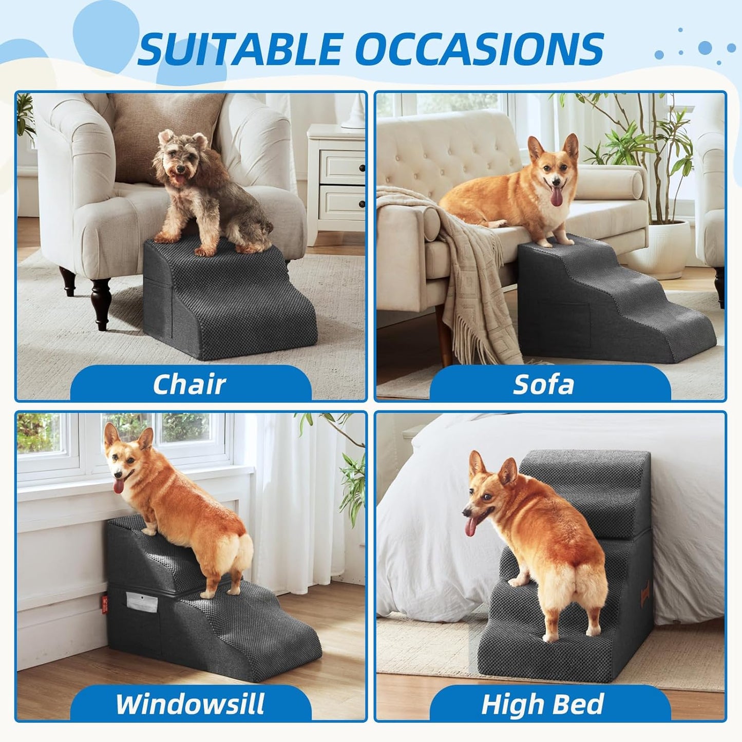 Dog Stairs 3-Step for Small Dogs and Cats to Get on Bed and Furniture/Windows, Pets Can Climb, Sit, or Perch to Look Out Windows, Extra Wide Dog Steps, Non-Slip Waterproof Fabric Cover, Grey（15.7" H） - Pet Explorer