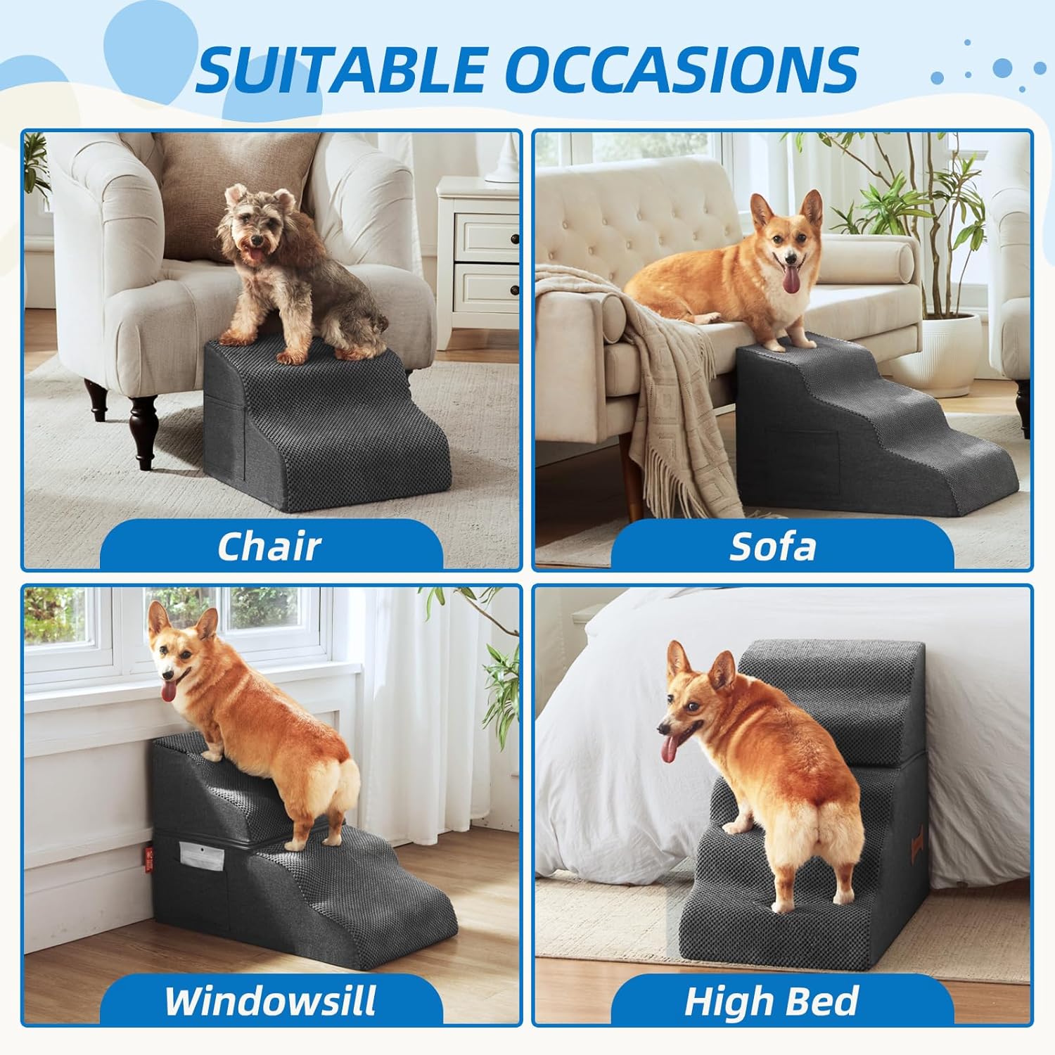 Dog Stairs 3-Step for Small Dogs and Cats to Get on Bed and Furniture/Windows, Pets Can Climb, Sit, or Perch to Look Out Windows, Extra Wide Dog Steps, Non-Slip Waterproof Fabric Cover, Grey（15.7" H） - Pet Explorer