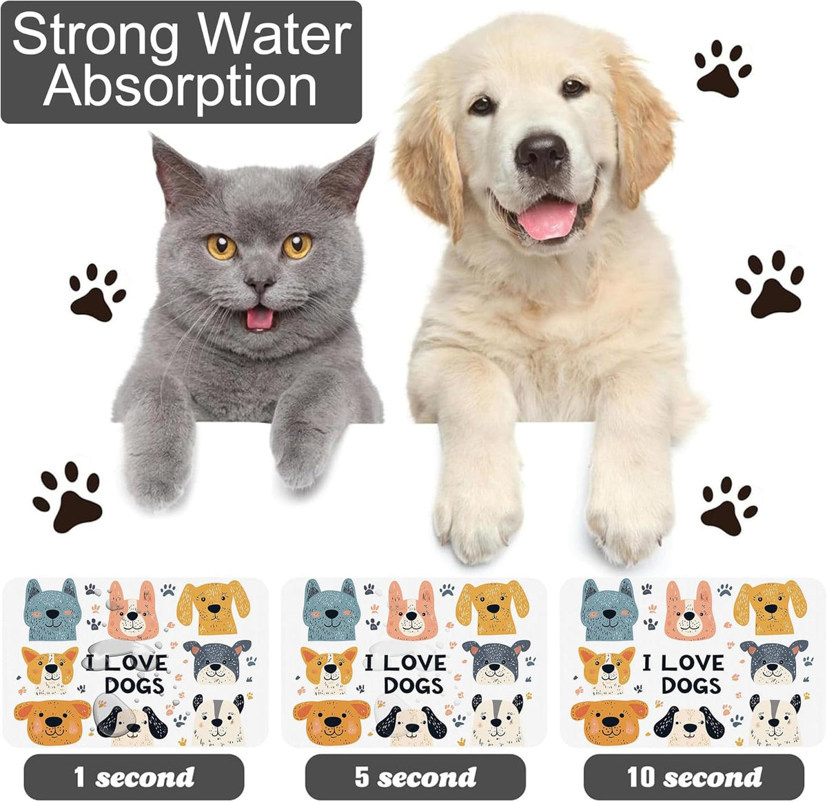Cute Dogs Pet Cat Dog Food Mat-Absorbent Quick Dry Feeding Placemat for Water and Food, No Stains Rubber Base Mat for Indoor Use, Pet Accessories 12"x20"