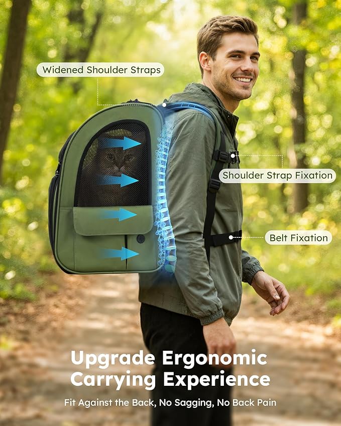 Pecute Expandable Cat Backpack Carrier, Backpack for Cats & Small Dogs Up to 11lbs, with 4-Side Breathable Mesh, Multi-Entry & Lockable Zippers for Travel, Hiking, Camping - Hands Free, Green