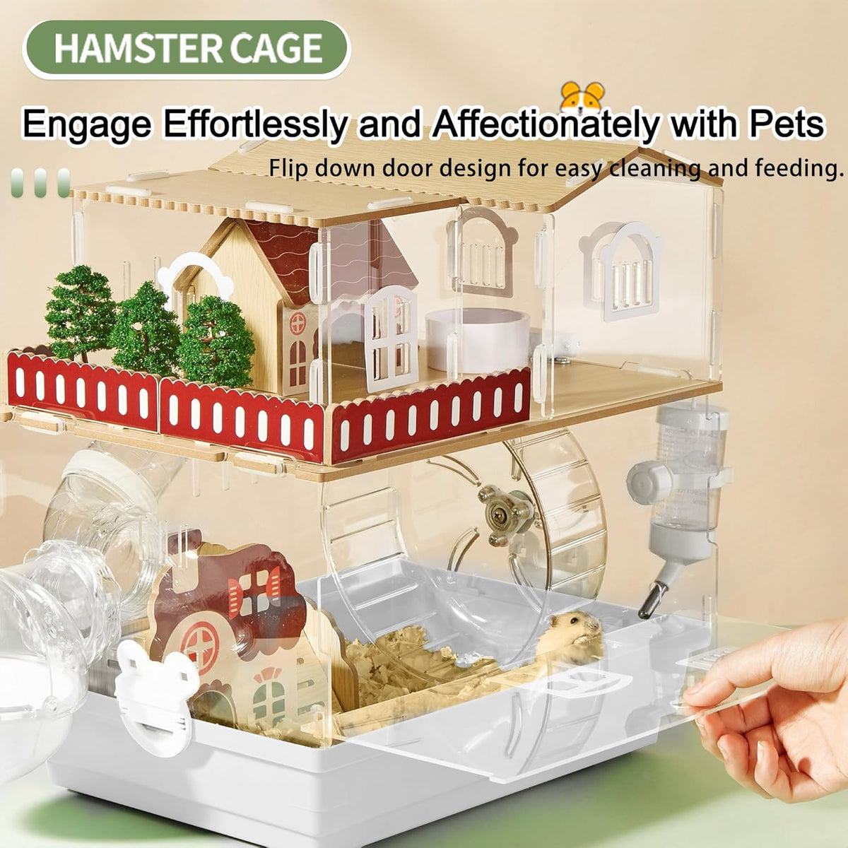 12 in 1 Clear Acrylic Hamster Cage with All Accessories,13.5''L* 10''W* 15''H Dwarf Hamster Cage,Magnetic Connection Small Hamster Enclosure,Garden Style Wooden Mouse Cage for Pet Mice(2-Layer,White)