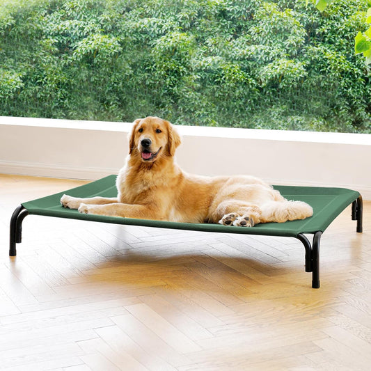 Elevated Dog Bed Raised Outdoor Dog Cot for Large Dogs, Installation Requires No Tools, Frame with Washable Cooling Breathable Mesh Anti-Slip Feet, Indoor Pet Bed, Green, 43.3 Inches - Pet Explorer