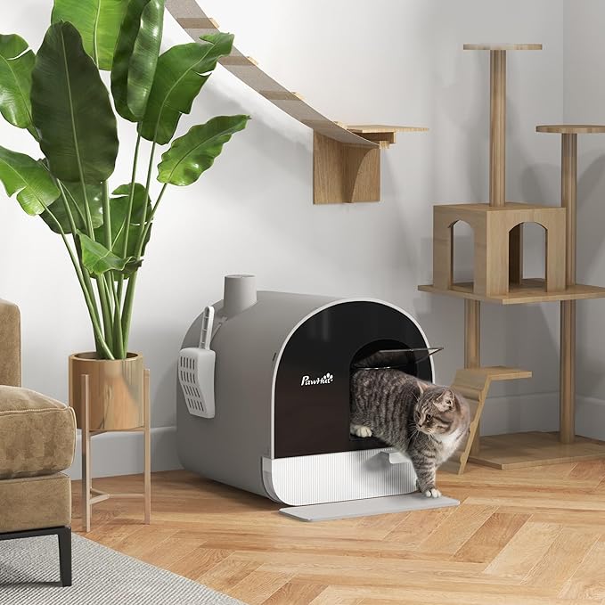 PawHut Cat Litter Box with Lid, Covered Litter Box for Indoor Cats with Tray, Scoop, Filter, 17" x 17" x 18.5", Light Gray