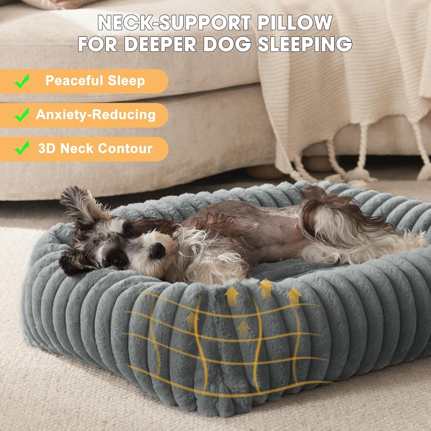 Dog Beds Large Sized Dog, Washable Orthopedic Pet Bed with Removable Cover, Rectangle Soft Calming Sleeping Puppy Bed Durable Pet Cuddler with Anti-Slip Bottom, 36"x27"x8" Grey - Pet Explorer