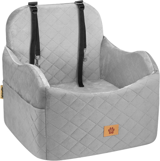 Car Seat Booster for Dog: High-Support Memory Foam Pet Car Seat for Small/Medium Dogs Under 35lbs with Elevated Cushion - Detachable Washable Puppy Travel Bed for Driving with Pockets (Grey) - Pet Explorer