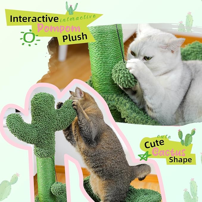PAWZ Road Cactus Cat Tree, 33 Inchs Cat Tower with Cat Self Groomer, Soft Hammock and Fully Wrapped Sisal Scratching Post for Indoor Cats