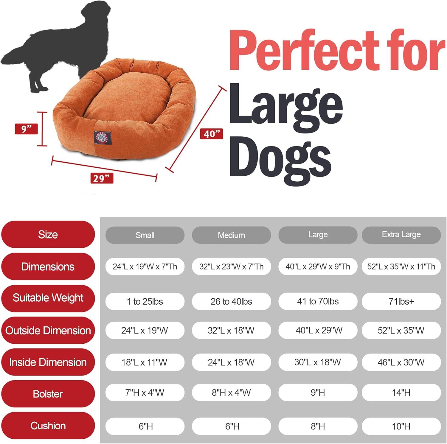 Majestic Pet 40 Inch Micro Velvet Calming Dog Bed Washable 40x29x9 (inch) – Cozy Soft Round Donut Dog Bed with Spine for Head Support - Pet Bed Large – Orange - Pet Explorer