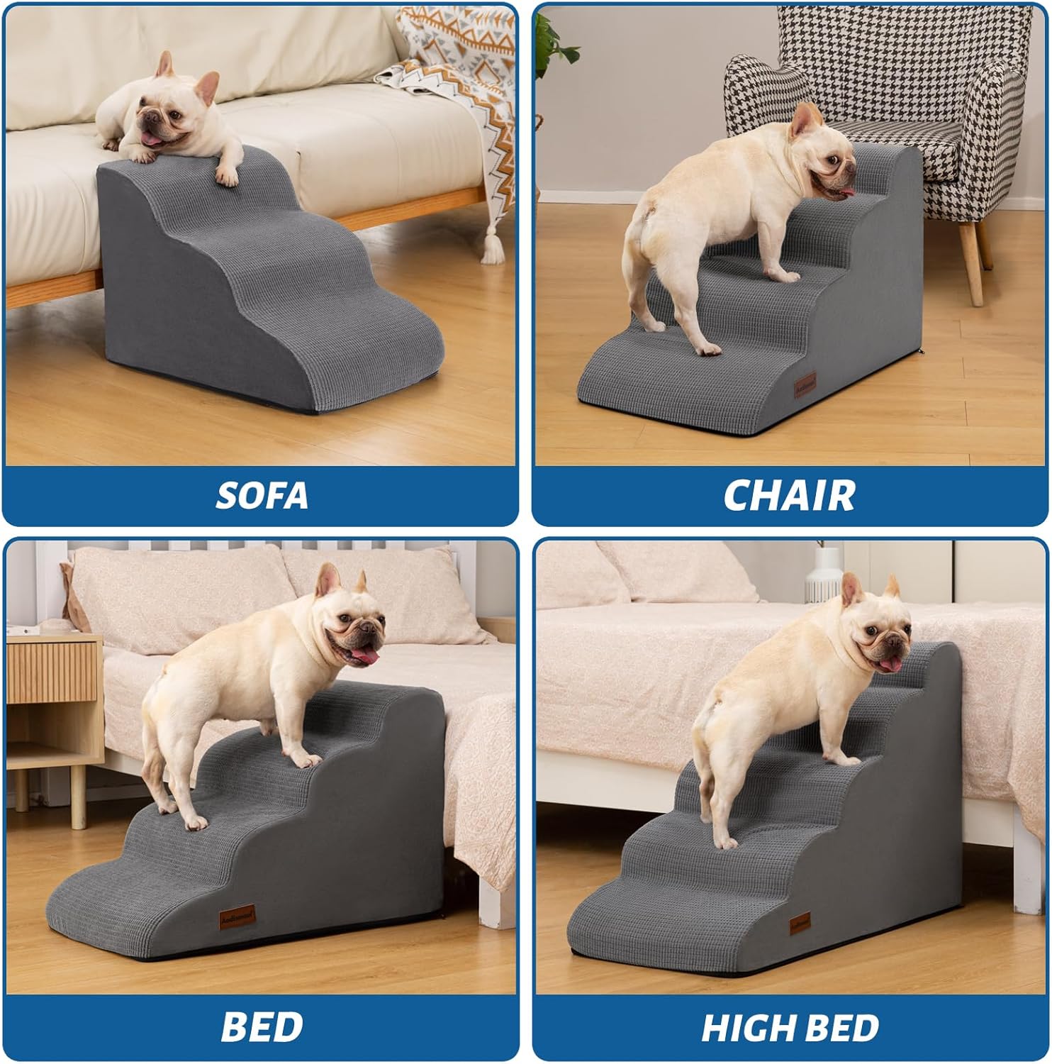4-Step Dog Stairs and Ramp for Beds or Couches – Non-Slip Sturdy Pet Steps for Small Dogs and Cats,17.4" H,Grey - Pet Explorer