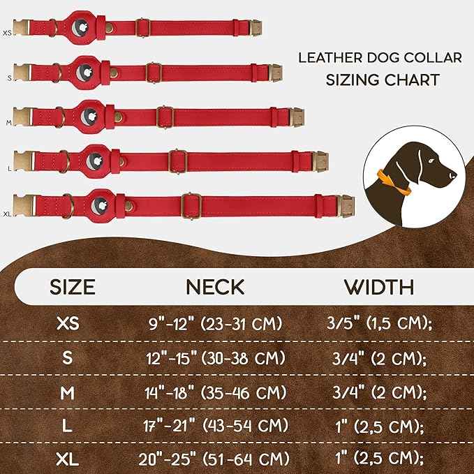 AirTag Dog Collar - Genuine Leather Dog Collar with Apple AirTag Holder and Metal Buckle - Smart GPS Tracking Pet Collars (Red, S, 12"-15" Neck Fit)