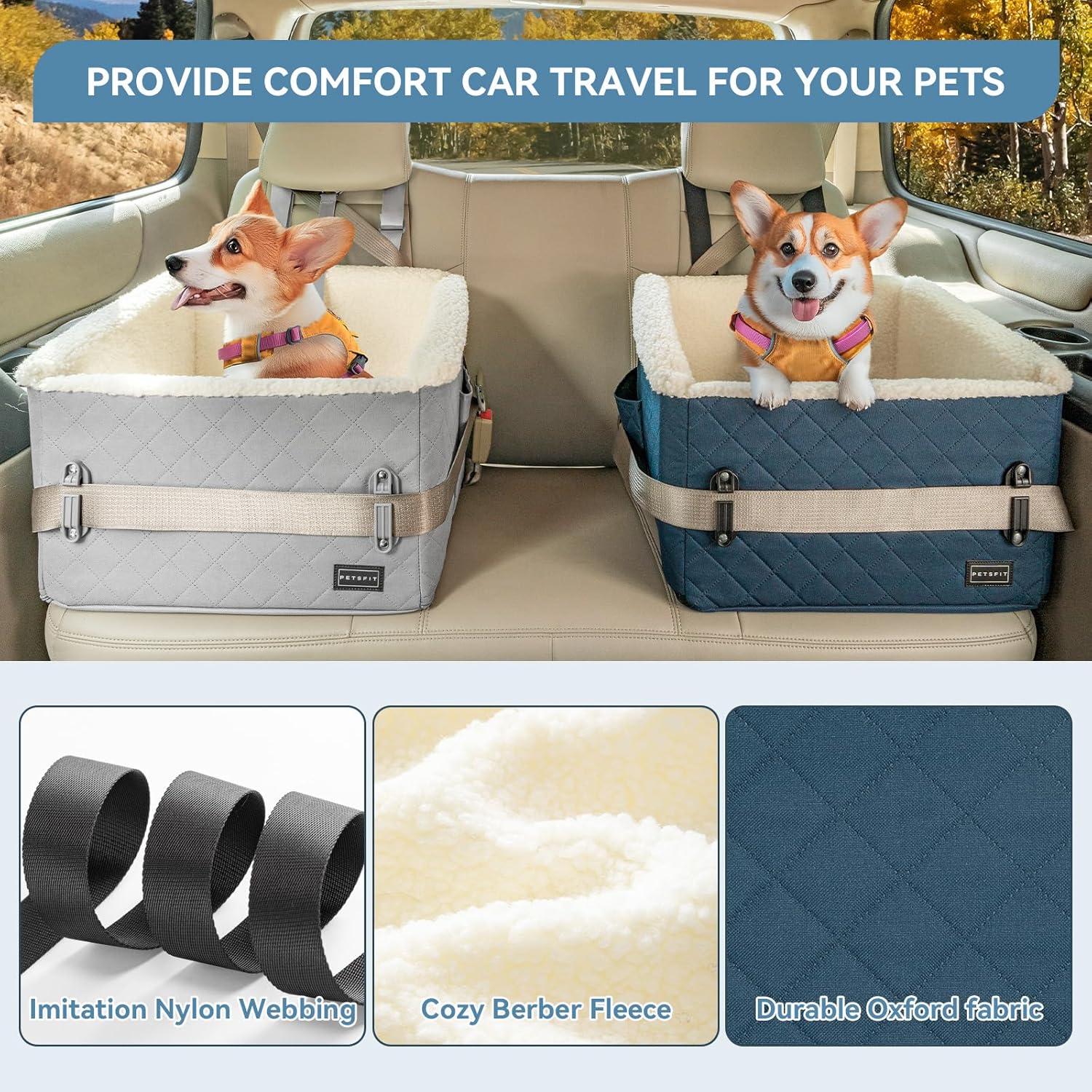 PETSFIT Pet Car Seat for Small Dogs, Soft Foam Dog Booster Car Seat with Patented Safety Buckles, Storage Pockets and Detachable Clip-On Safety Leash, Dog Carseat for Small Dogs Under 30 LBS (Blue) - Pet Explorer