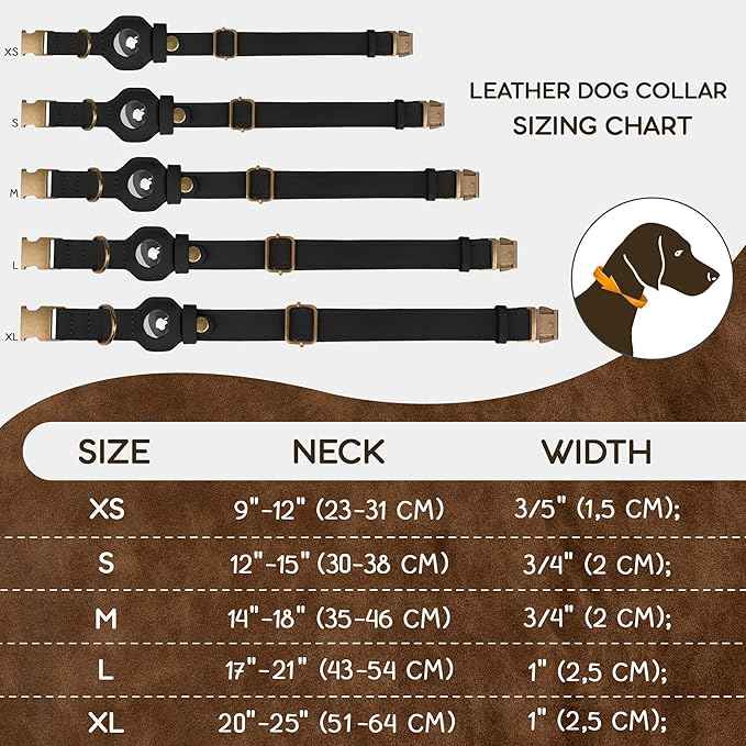 AirTag Dog Collar - Genuine Leather Dog Collar with Apple AirTag Holder and Metal Buckle - Smart GPS Tracking Pet Collars (Black, M, 14"-18" Neck Fit)