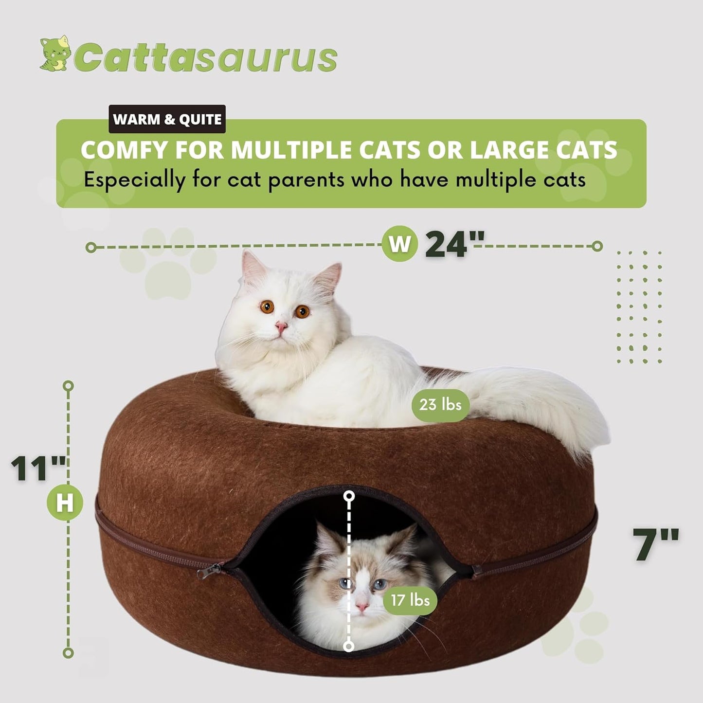 Cattasaurus Peekaboo Cat Cave for Multiple & Large Cats Up to 30-45 Lbs, Scratch Detachable & Washable Tunnel Bed, Comfy Donut Cat Cave (Brown, Large) - Pet Explorer