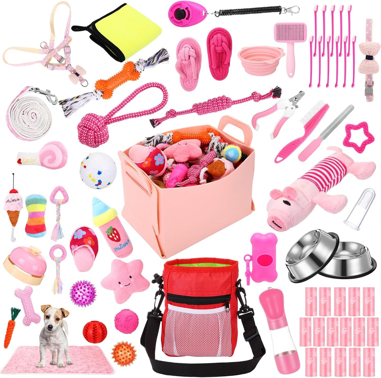 65 Pcs Puppy Supplies Starter Kit Small Dog Essentials Includes Dog Leash, Toys, Bowl, Brushes, Water Bottles, pet Blankets Puppy Accessories for New Welcome Gift Supplies(Cute,Pink) - Pet Explorer