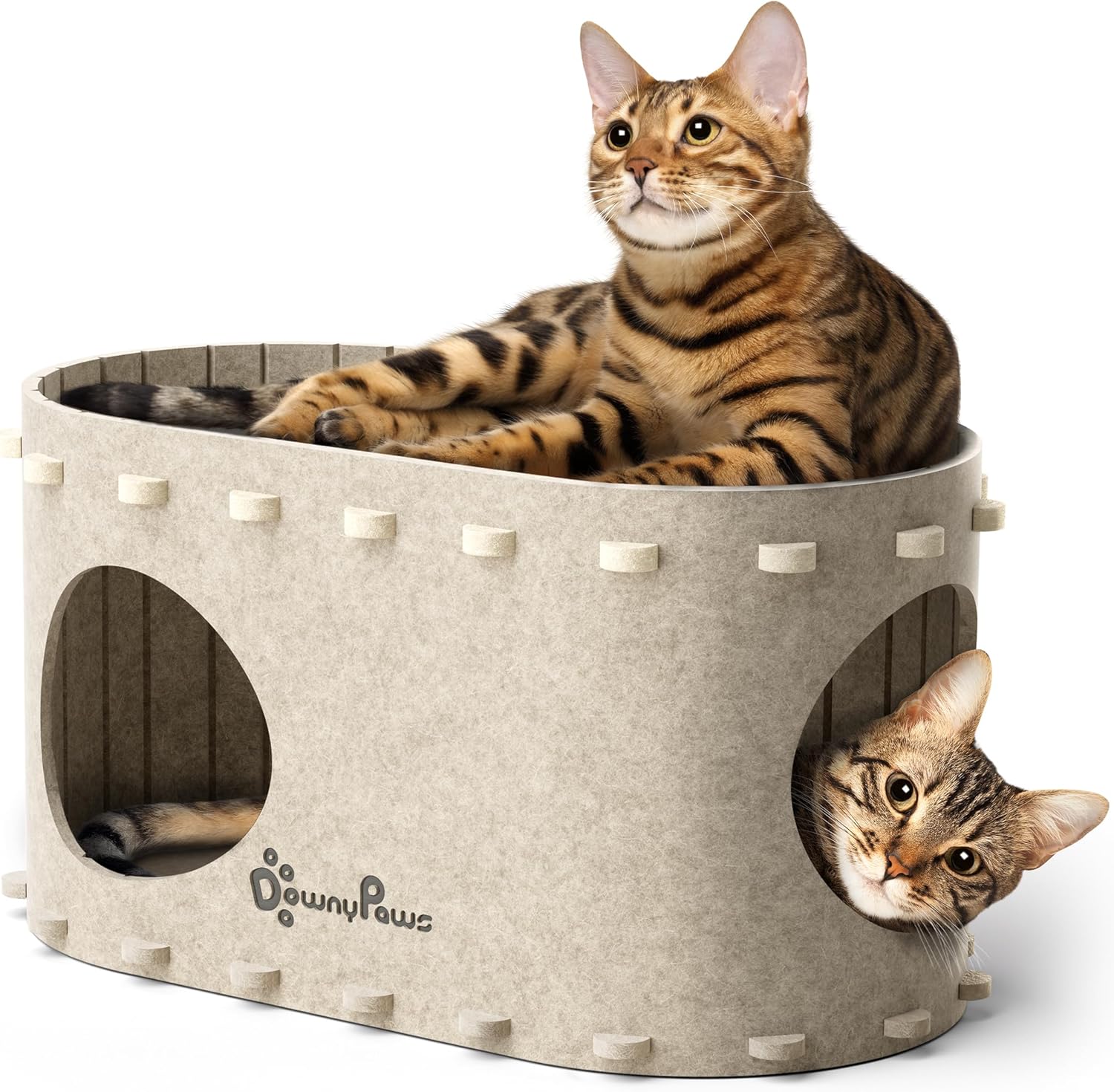 DownyPaws Cat House for Indoor Cats, Cat Bed Cave for Multiple & Large Cats Up to 22 Lbs, Scratch Resistant, Foldable Peekaboo Kitten Caves Tunnel Enclosed Bed, PeekaPurr, Cream - Pet Explorer