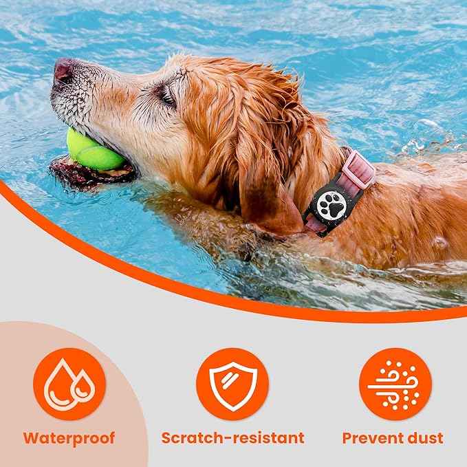 IP68 Waterproof Compatible with AirTag Dog Collar Holder, Silicone Dog for Airtag Holder for Apple AirTags (Black&Pink)